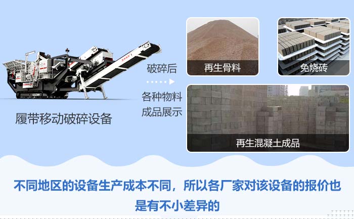 履帶式移動(dòng)破碎設(shè)備處理后的再生骨料、免燒磚、再生混凝土